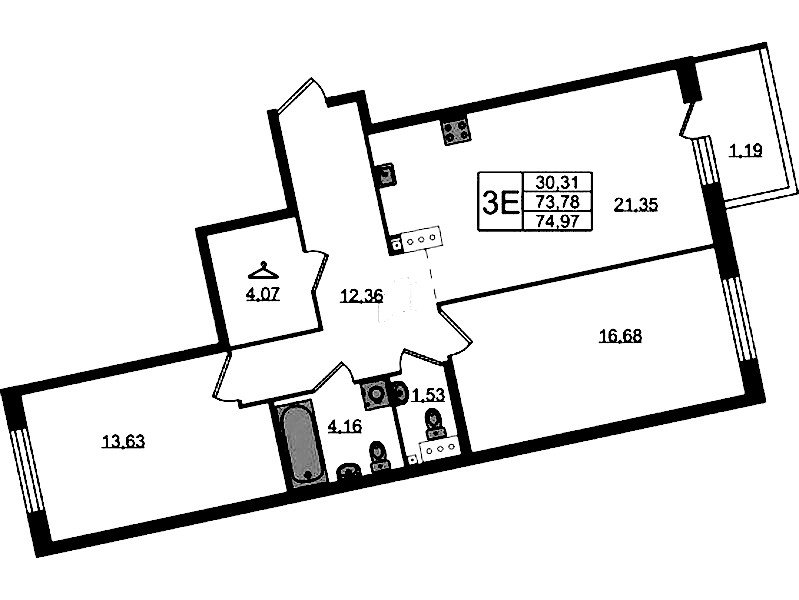 2-комнатная квартира 74.97 м², 3/4 эт., ЖК «Лисино»