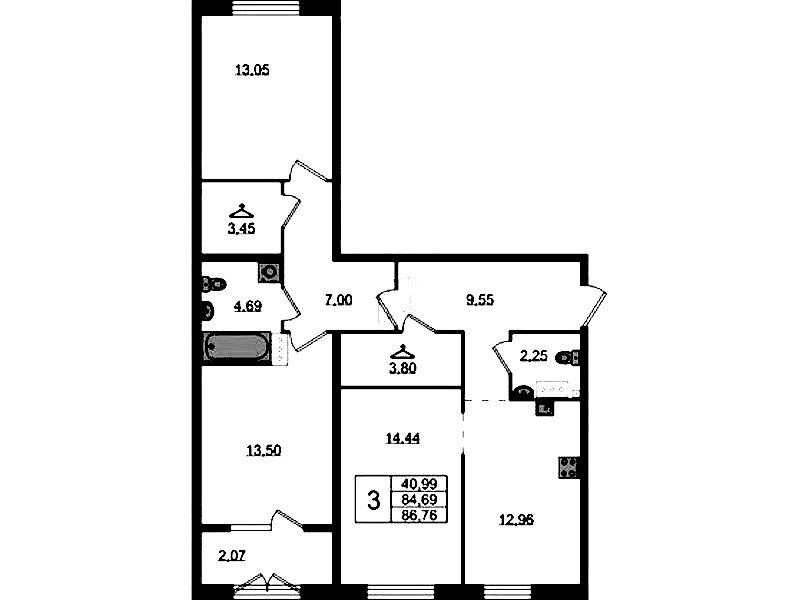 3-комнатная квартира 86.76 м², 3/4 эт., ЖК «Лисино»