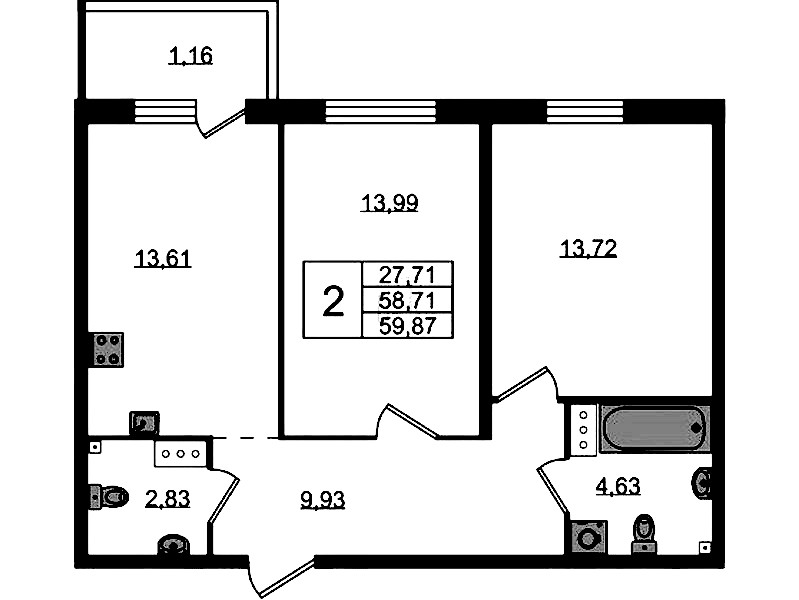 2-комнатная квартира 59.87 м², 4/4 эт., ЖК «Лисино»
