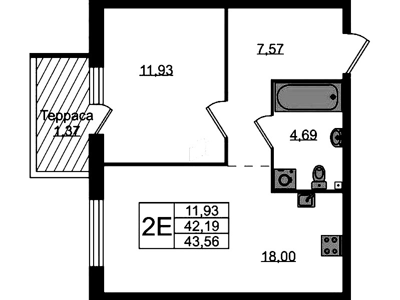 1-комнатная квартира 43.56 м², 1/4 эт., ЖК «Лисино»