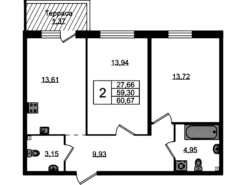 2-комнатная квартира 60.67 м², 1/4 эт., ЖК «Лисино»