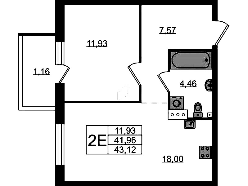 1-комнатная квартира 43.12 м², 4/4 эт., ЖК «Лисино»