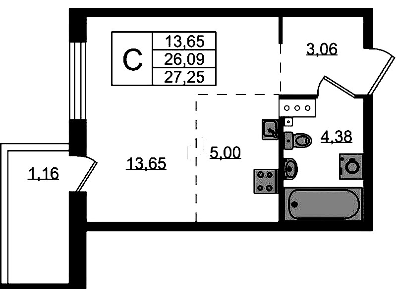 Квартира студия 27.25 м², 4/4 эт., ЖК «Лисино»