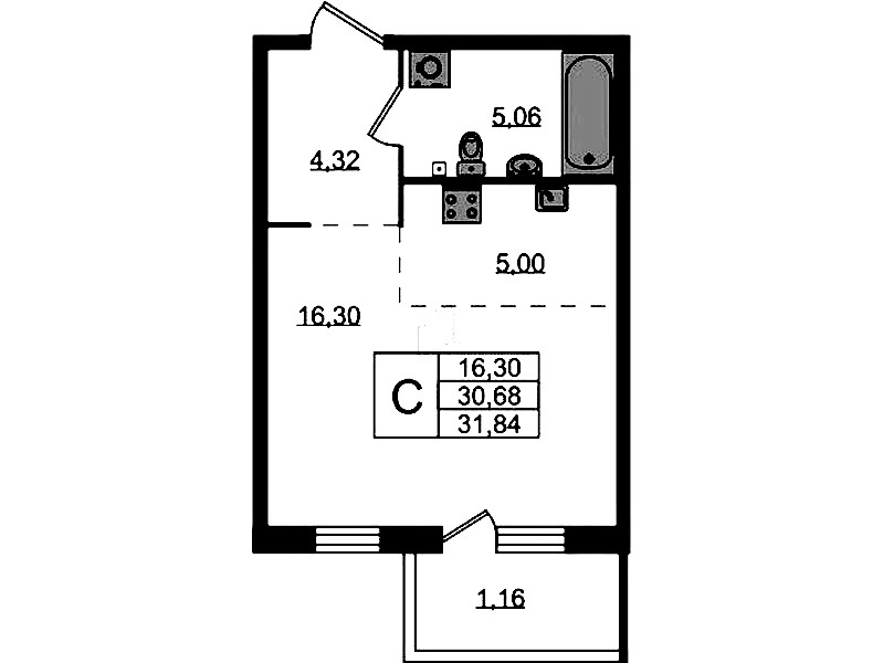 Квартира студия 31.84 м², 2/4 эт., ЖК «Лисино»