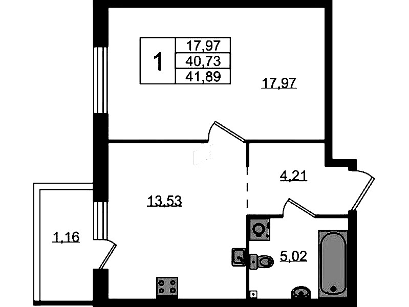 1-комнатная квартира 41.89 м², 2/4 эт., ЖК «Лисино»