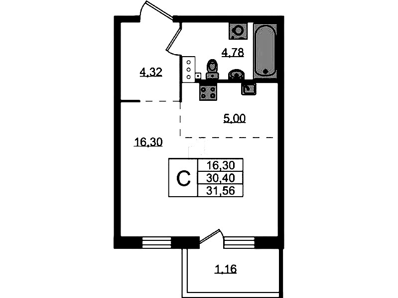 Квартира студия 31.56 м², 4/4 эт., ЖК «Лисино»