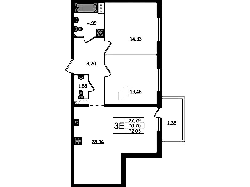 2-комнатная квартира 72.05 м², 4/4 эт., ЖК «Лисино»