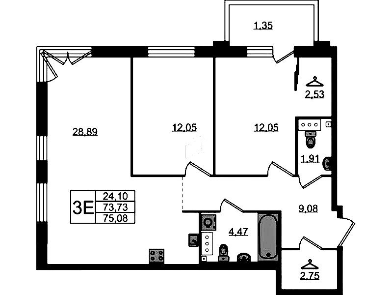 2-комнатная квартира 75.08 м², 3/4 эт., ЖК «Лисино»