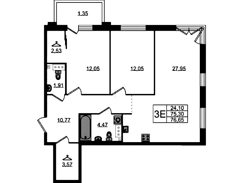 2-комнатная квартира 76.65 м², 3/4 эт., ЖК «Лисино»