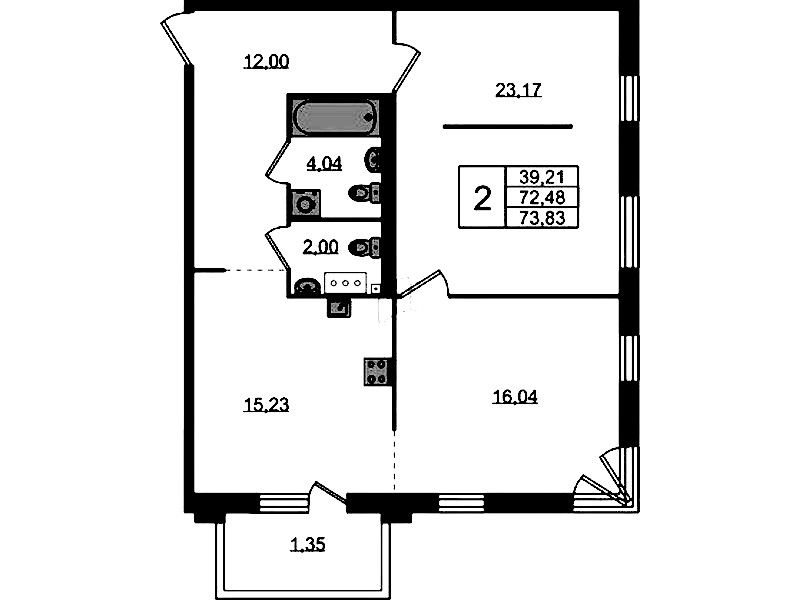 2-комнатная квартира 73.83 м², 3/4 эт., ЖК «Лисино»