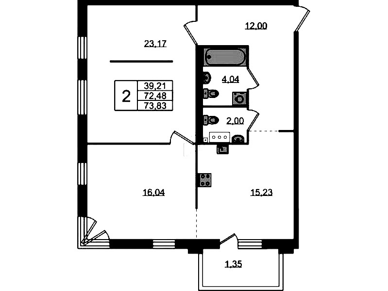 2-комнатная квартира 73.83 м², 3/4 эт., ЖК «Лисино»