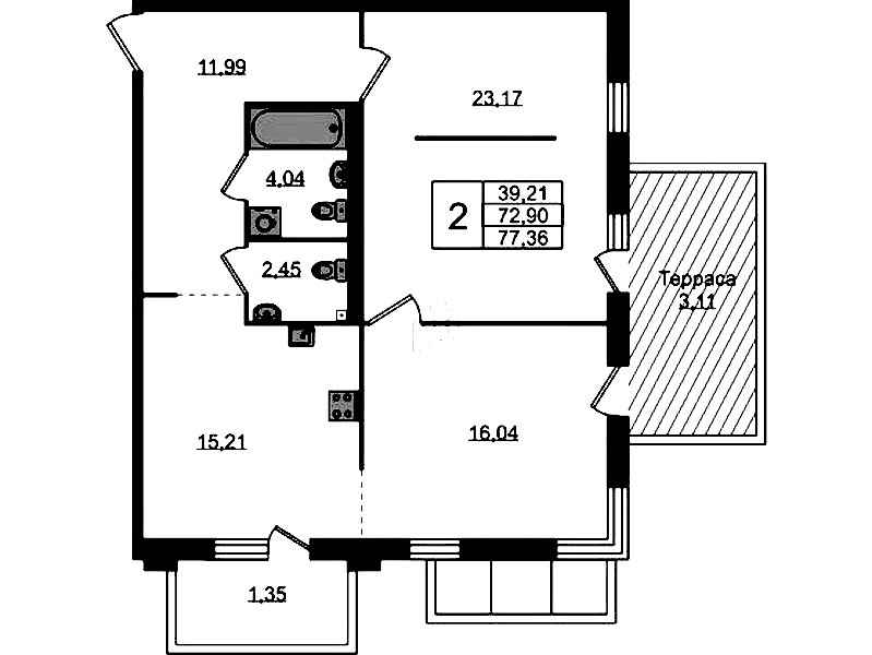 2-комнатная квартира 77.36 м², 1/4 эт., ЖК «Лисино»