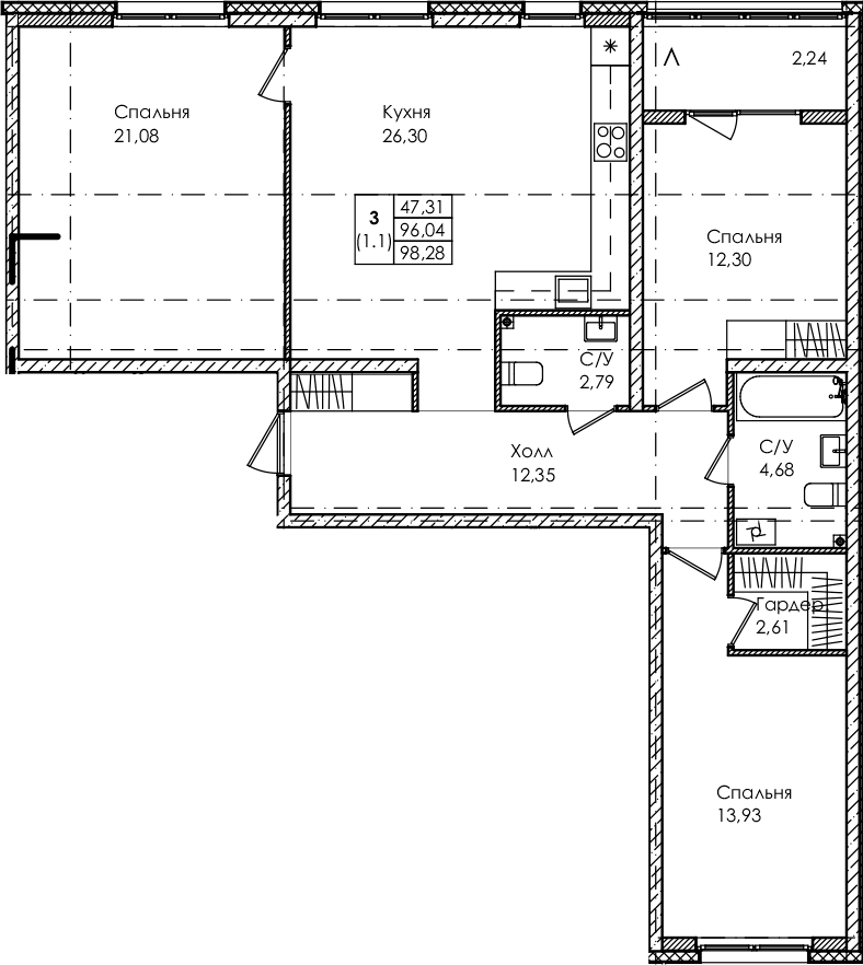 3-комнатная квартира 98.28 м², 2/4 эт., ЖК «Лисино»