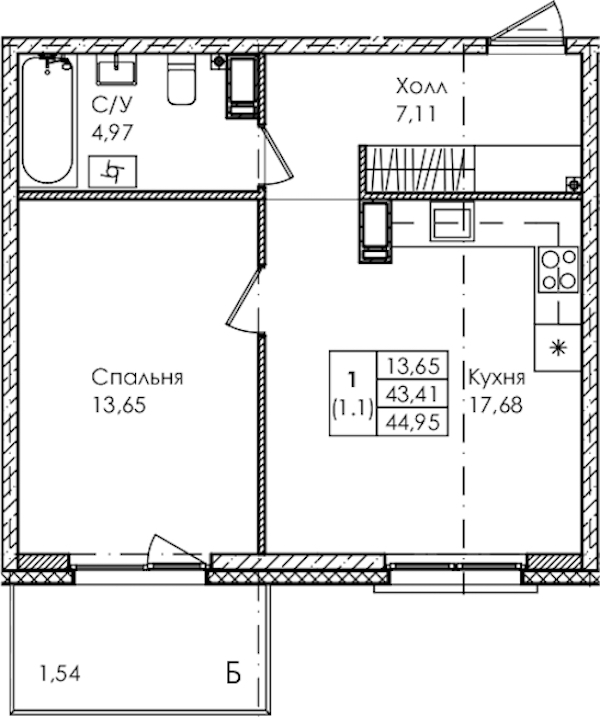 1-комнатная квартира 44.95 м², 4/4 эт., ЖК «Лисино»