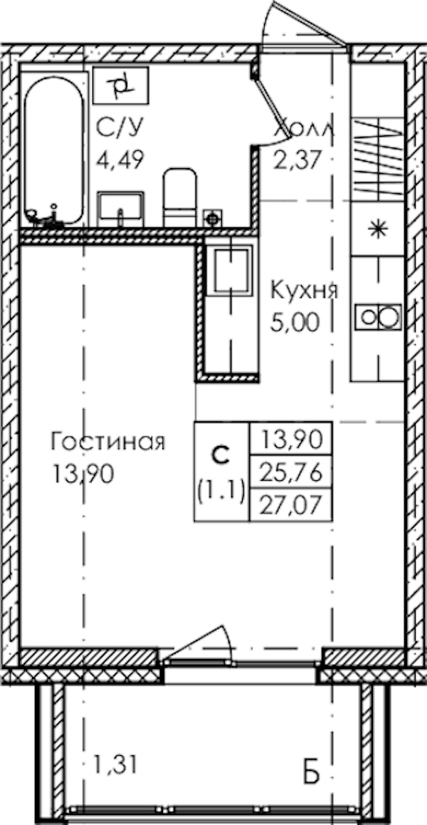 Квартира студия 27.07 м², 2/4 эт., ЖК «Лисино»