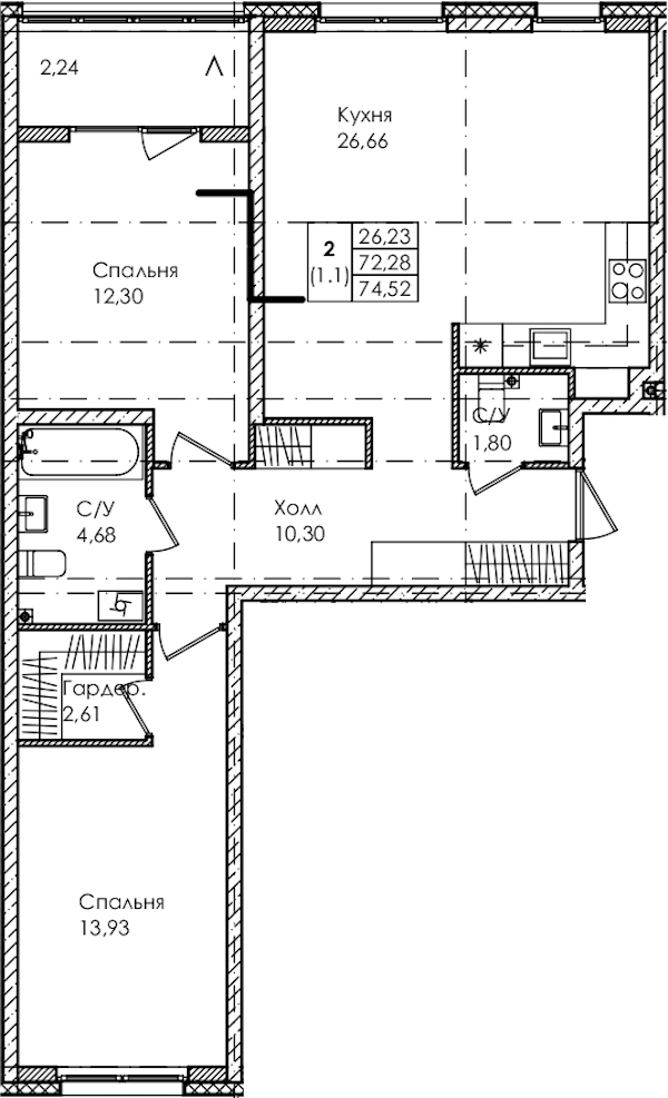 2-комнатная квартира 74.52 м², 2/4 эт., ЖК «Лисино»