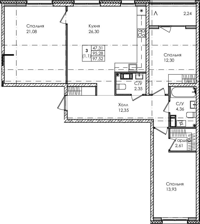 3-комнатная квартира 97.52 м², 3/4 эт., ЖК «Лисино»