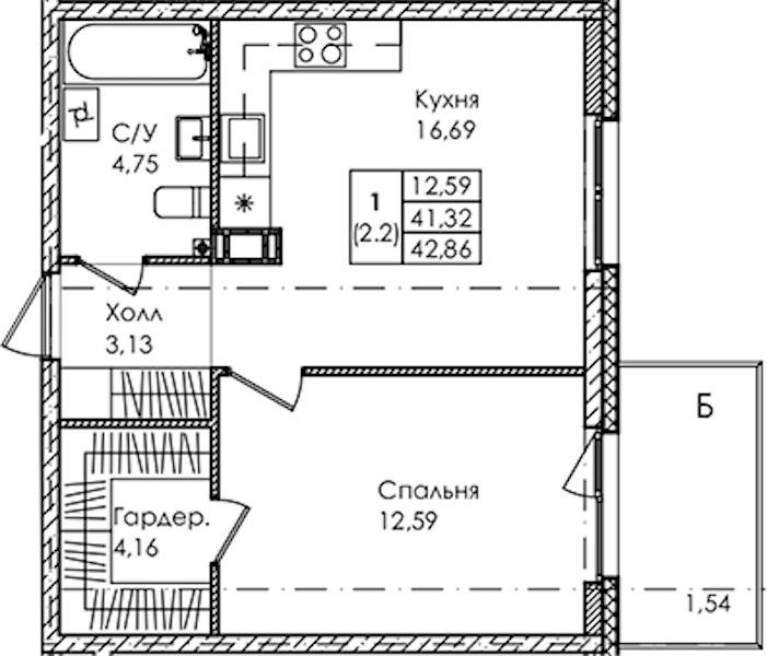 1-комнатная квартира 42.86 м², 2/4 эт., ЖК «Лисино»
