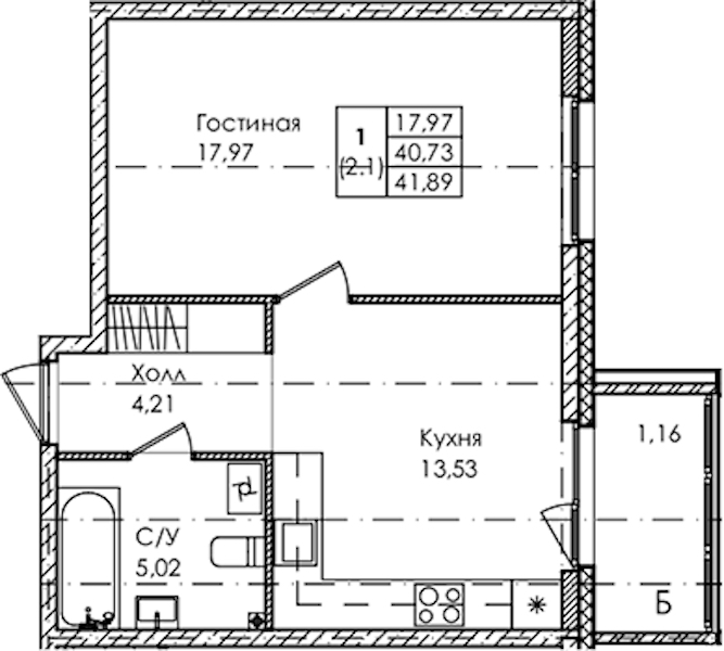 1-комнатная квартира 41.89 м², 2/4 эт., ЖК «Лисино»