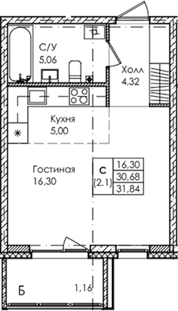 Квартира студия 31.84 м², 2/4 эт., ЖК «Лисино»