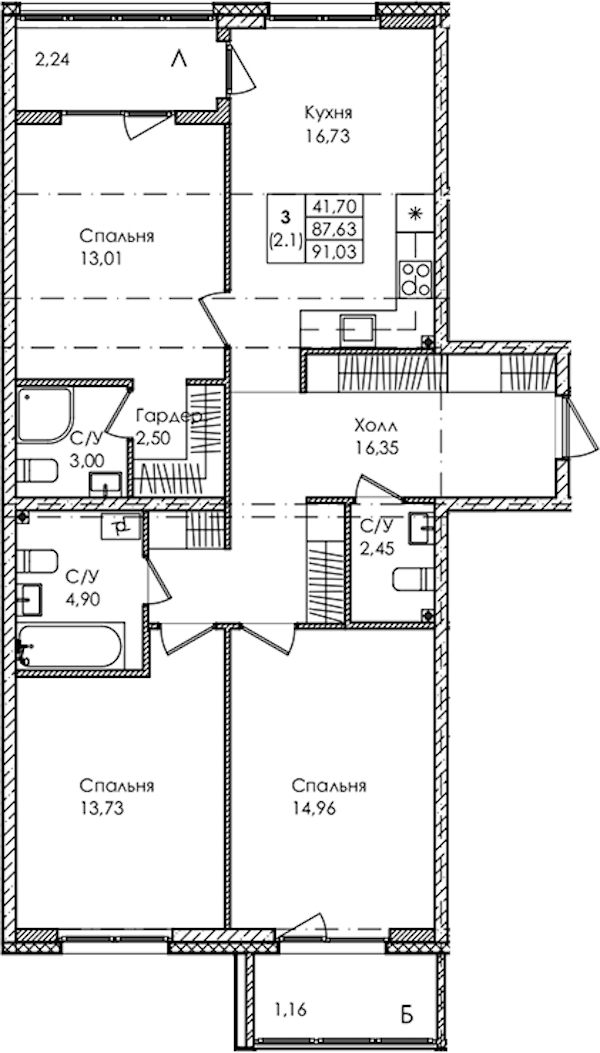 3-комнатная квартира 91.03 м², 2/4 эт., ЖК «Лисино»