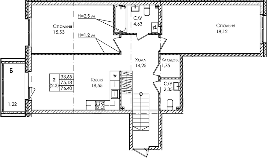 2-комнатная квартира 76.4 м², 3/4 эт., ЖК «Лисино»