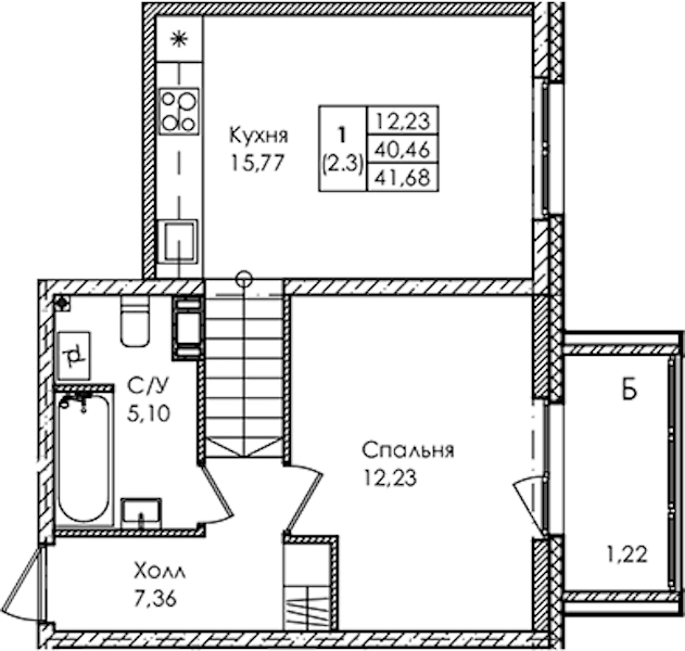 1-комнатная квартира 41.68 м², 3/4 эт., ЖК «Лисино»