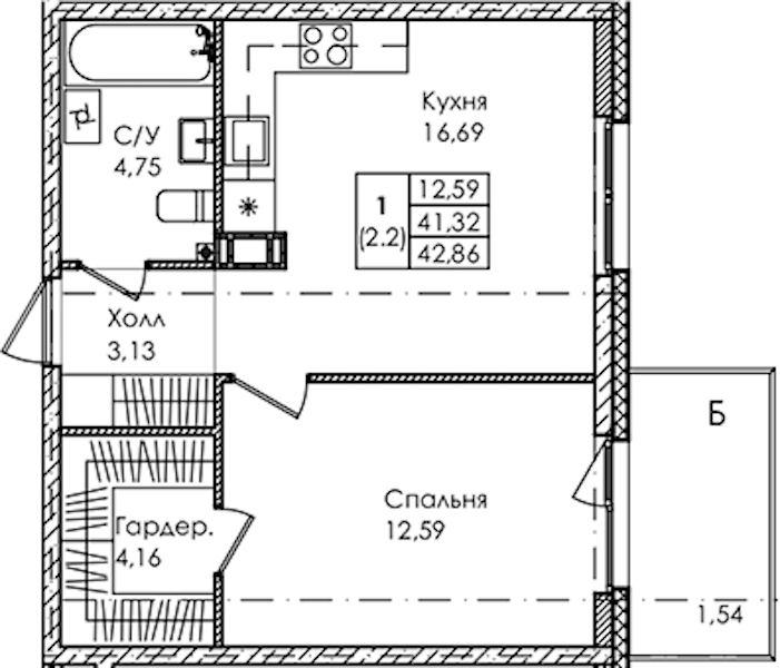 1-комнатная квартира 42.86 м², 3/4 эт., ЖК «Лисино»