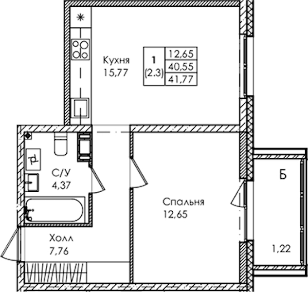 1-комнатная квартира 41.77 м², 4/4 эт., ЖК «Лисино»