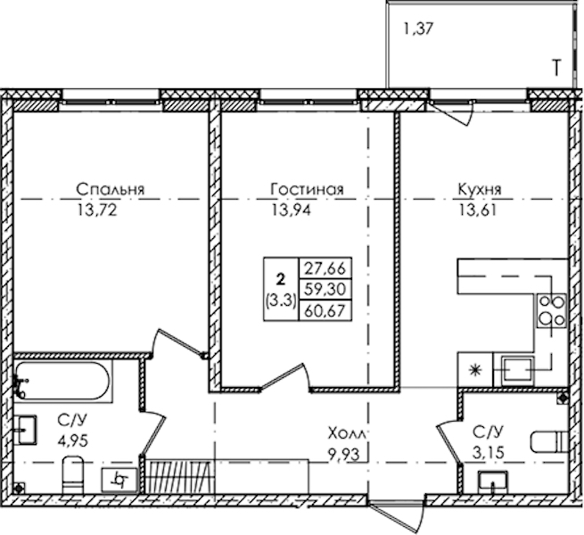 2-комнатная квартира 60.67 м², 1/4 эт., ЖК «Лисино»