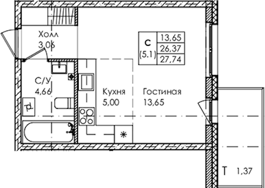 Квартира студия 27.74 м², 1/4 эт., ЖК «Лисино»