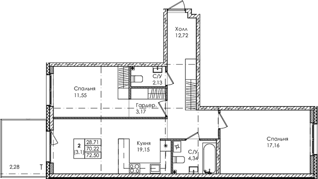 2-комнатная квартира 72.5 м², 1/4 эт., ЖК «Лисино»