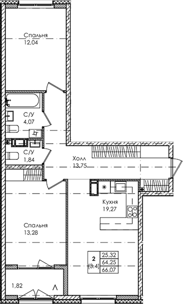 2-комнатная квартира 66.07 м², 2/4 эт., ЖК «Лисино»