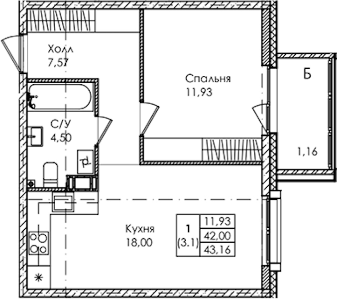 1-комнатная квартира 43.16 м², 2/4 эт., ЖК «Лисино»