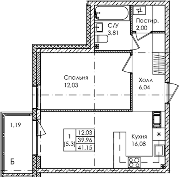 1-комнатная квартира 41.15 м², 2/4 эт., ЖК «Лисино»