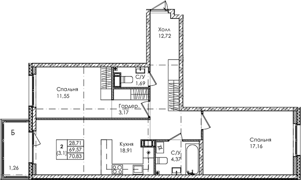 2-комнатная квартира 70.83 м², 3/4 эт., ЖК «Лисино»
