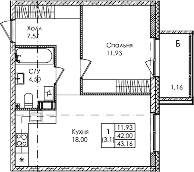 1-комнатная квартира 43.16 м², 4/4 эт., ЖК «Лисино»