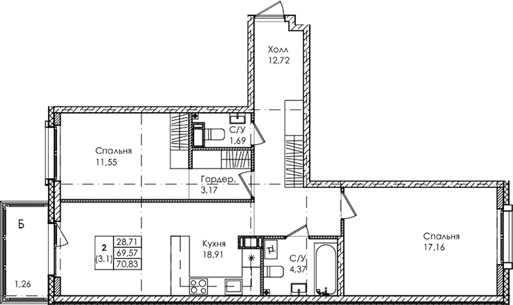 2-комнатная квартира 70.83 м², 4/4 эт., ЖК «Лисино»