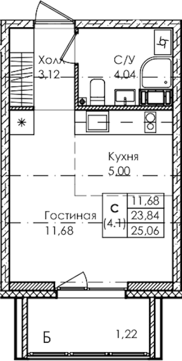 Квартира студия 25.06 м², 4/4 эт., ЖК «Лисино»