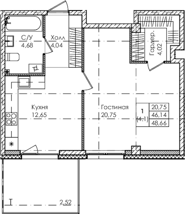 1-комнатная квартира 48.66 м², 1/4 эт., ЖК «Лисино»