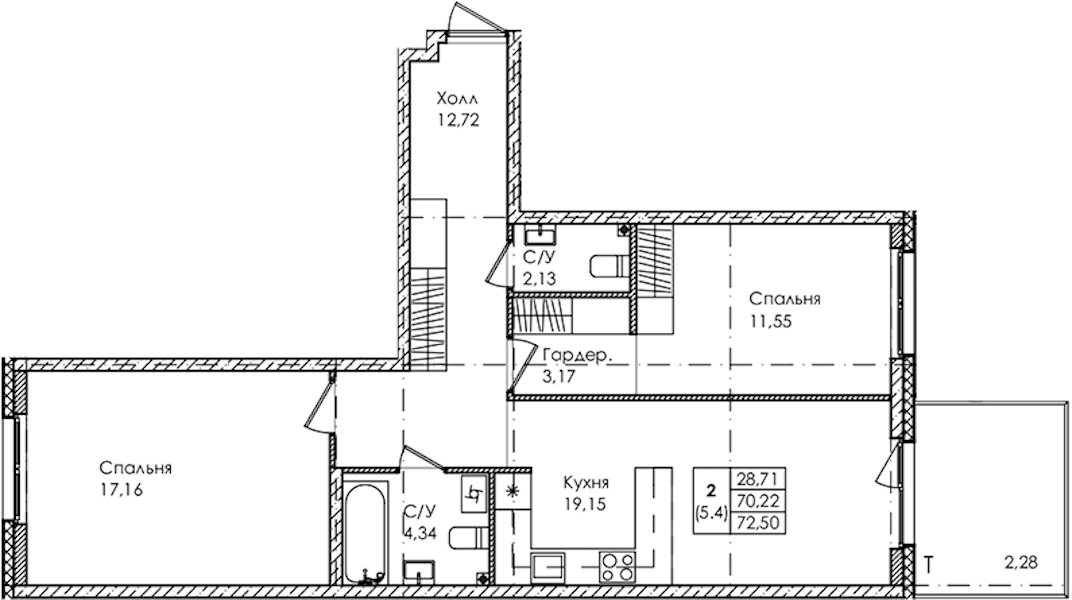 2-комнатная квартира 72.5 м², 1/4 эт., ЖК «Лисино»