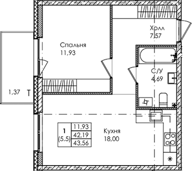 1-комнатная квартира 43.56 м², 1/4 эт., ЖК «Лисино»