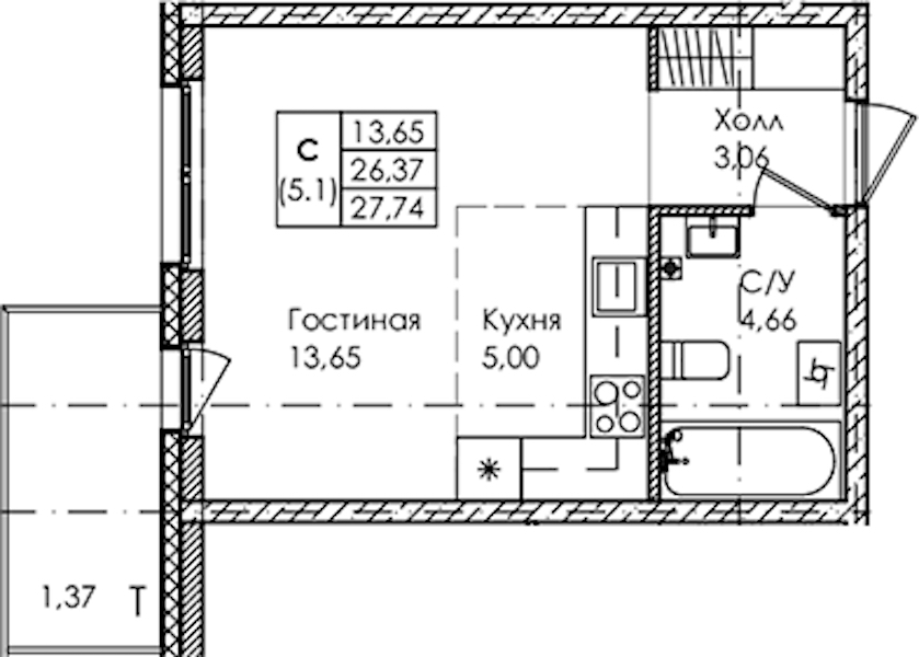 Квартира студия 27.74 м², 1/4 эт., ЖК «Лисино»