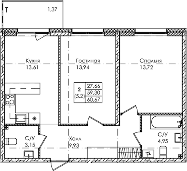 2-комнатная квартира 60.67 м², 1/4 эт., ЖК «Лисино»