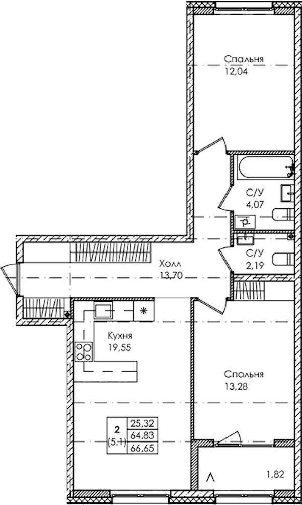 2-комнатная квартира 66.65 м², 1/4 эт., ЖК «Лисино»