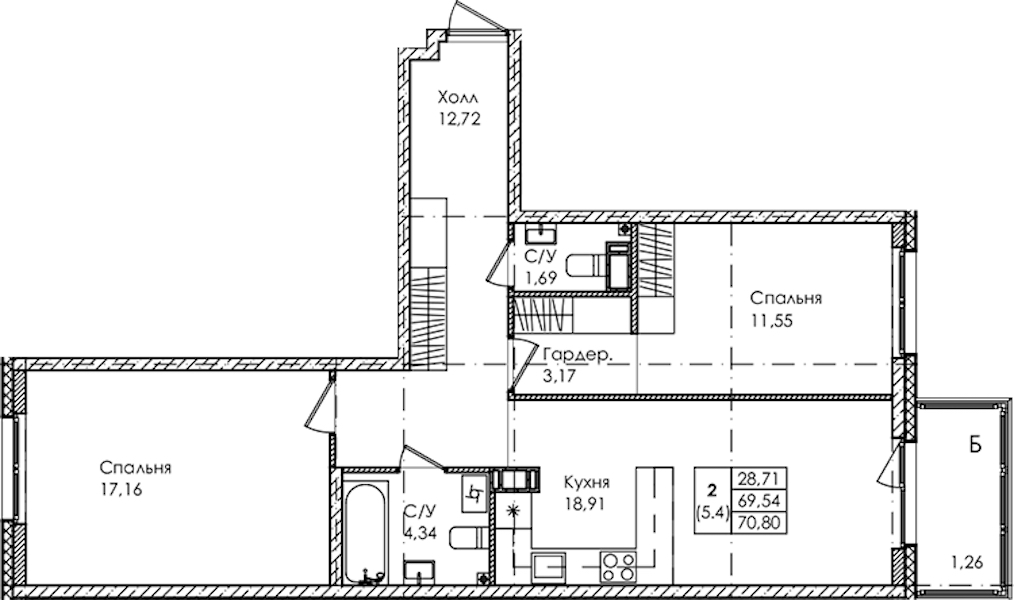 2-комнатная квартира 70.8 м², 2/4 эт., ЖК «Лисино»