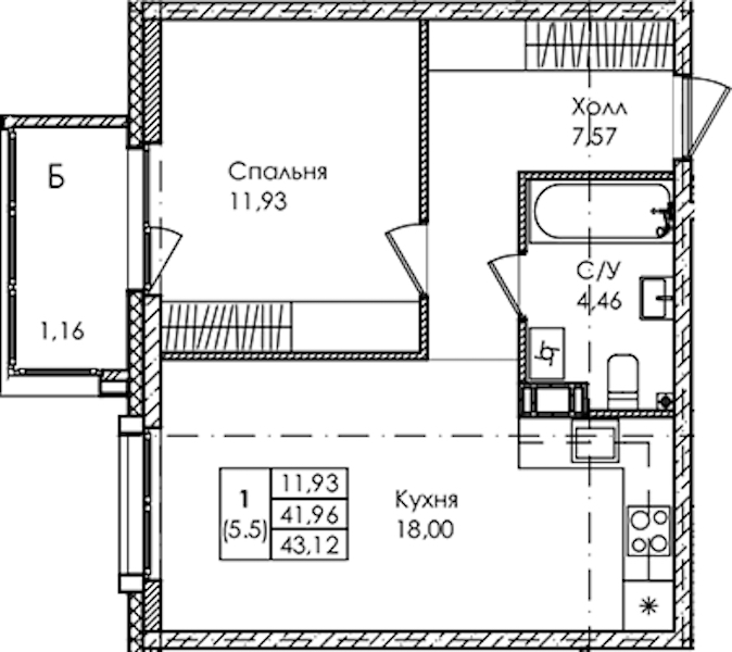 1-комнатная квартира 43.12 м², 2/4 эт., ЖК «Лисино»