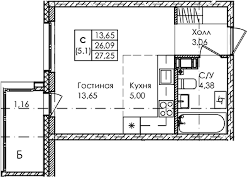 Квартира студия 27.25 м², 2/4 эт., ЖК «Лисино»