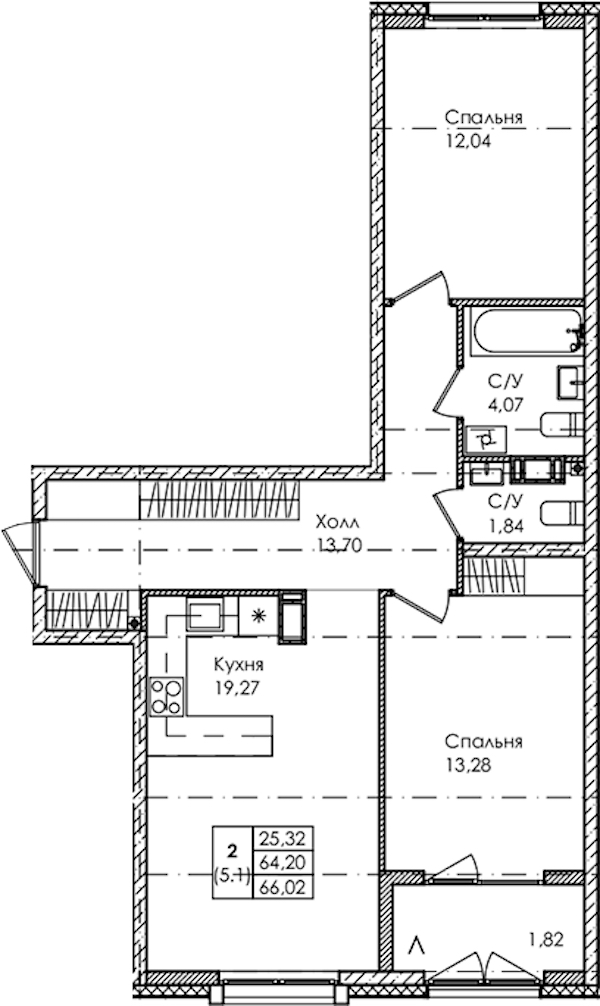 2-комнатная квартира 66.02 м², 2/4 эт., ЖК «Лисино»