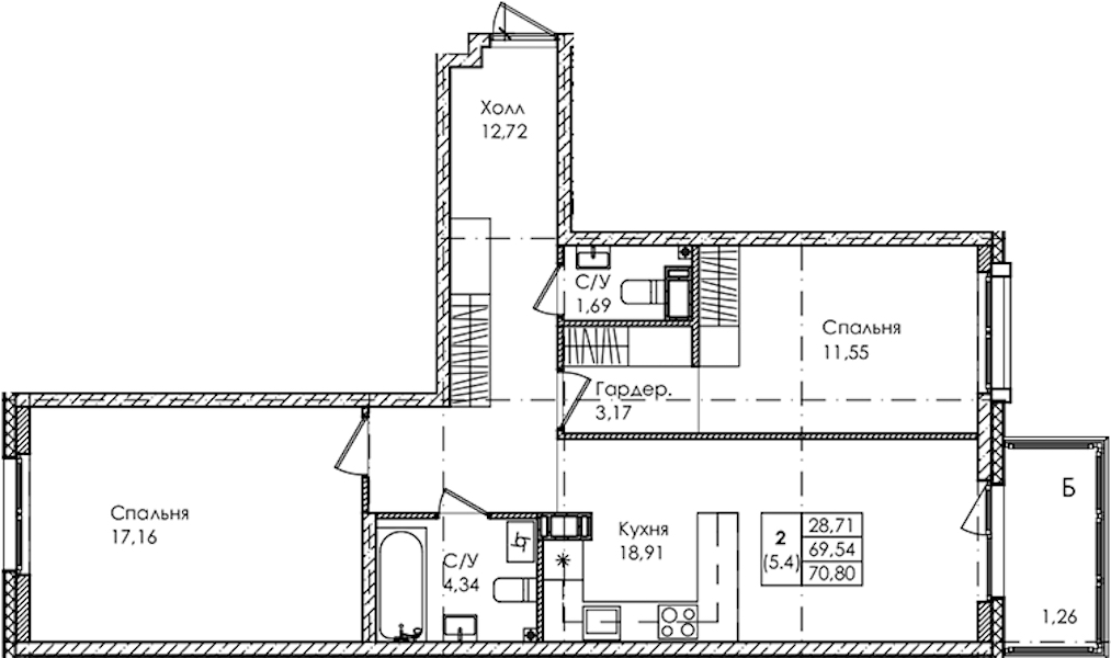 2-комнатная квартира 70.8 м², 3/4 эт., ЖК «Лисино»
